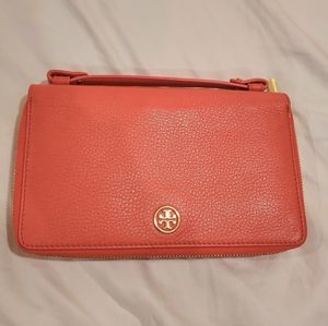 SOLD Tory Burch coral color clutch/wallet